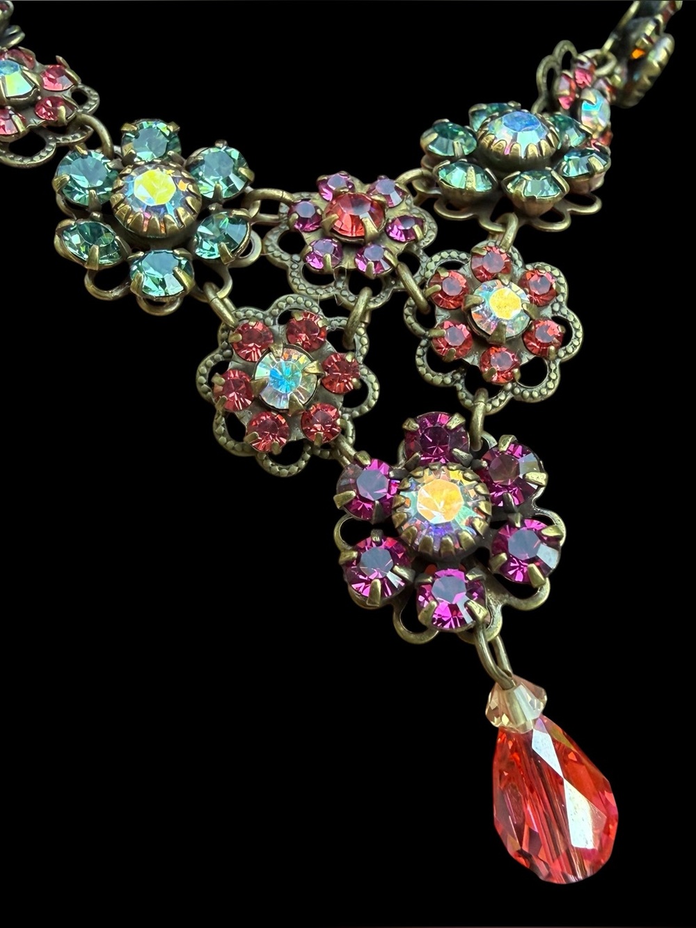 Liz Palacios San Francisco Crystal Rhinestone Flower Statement Necklace Y Drop